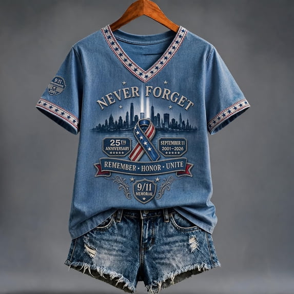 Never Forget 9/11 Memorial Shirt Women 25th Anniversary Tee 2001-2026 Patriotic Twin Towers Commemorative Short Sleeve V-neck Gift Tee for Patriot Day