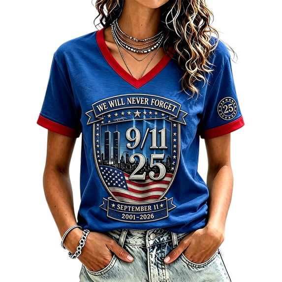 Never Forget 9/11 Memorial V Neck Tee for Women 25th Anniversary 2001-2026 American Flag Twin Towers Tribute September 11 Patriotic Casual Shirt