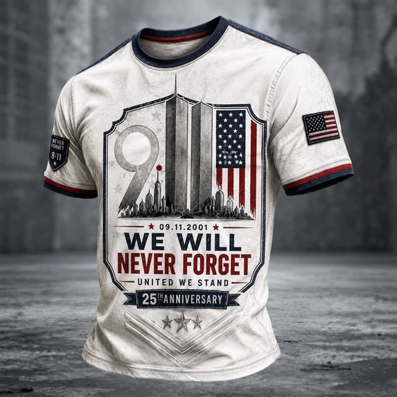 Never Forget 9/11 Shirt for Men Shirts Casual Tops Never Forget 911 Graphic Shirt, American Flag Patriotic T-shirt,Crew Neck Casual Tops (White,XXXXL)