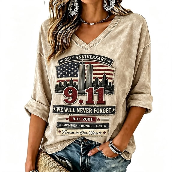 Never Forget 9/11 Shirt for Women 25th Anniversary USA Tee Patriotic American Flag Twin Towers Memorial Graphic Top Casual Beige XXXXL