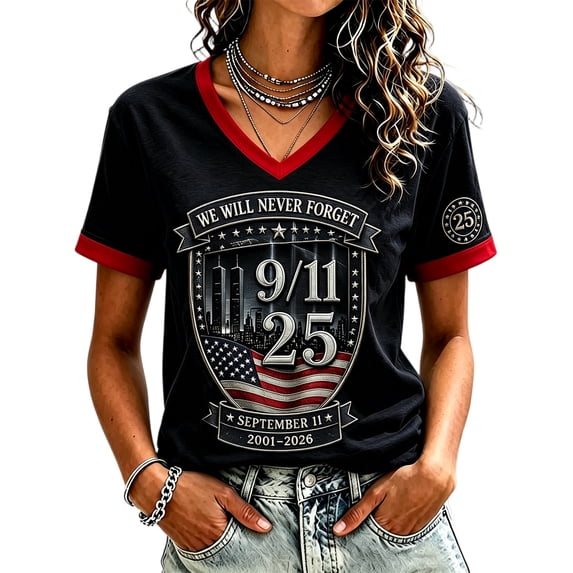Never Forget 9/11 Shirt for Women Patriotic V-Neck Tee with Red Trim & 25 Years Patch, Soft Cotton Relaxed Fit American Flag Memorial Top Black L