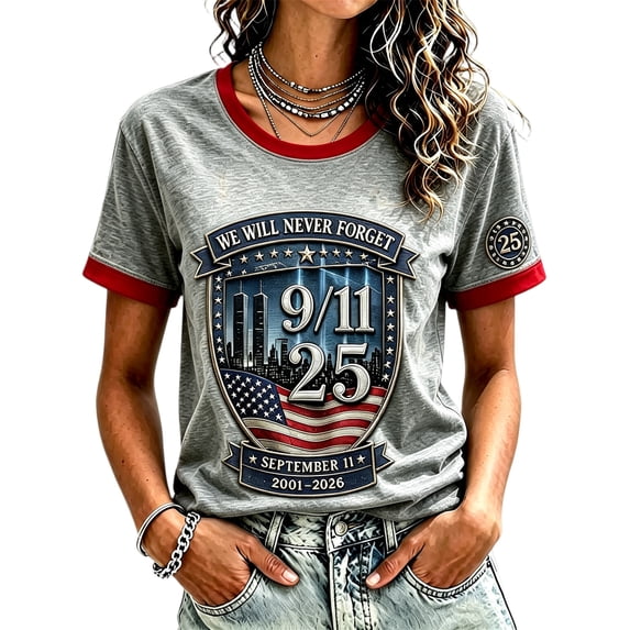 Never Forget 9/11 Shirt for Women Patriotic V-Neck Tee with Red Trim & 25 Years Patch, Soft Cotton Relaxed Fit American Flag Memorial Top Gray M