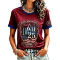 thumbnail image 1 of Never Forget 9/11 Shirt for Women Patriotic V-Neck Tee with Red Trim & 25 Years Patch, Soft Cotton Relaxed Fit American Flag Memorial Top Wine M, 1 of 3