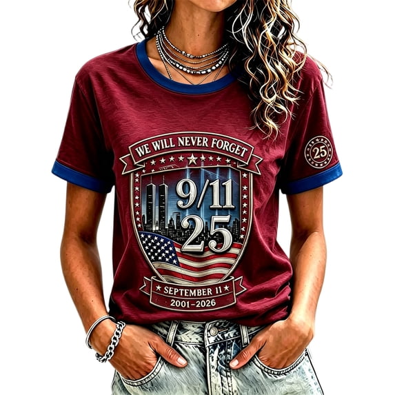 Never Forget 9/11 Shirt for Women Patriotic V-Neck Tee with Red Trim & 25 Years Patch, Soft Cotton Relaxed Fit American Flag Memorial Top Wine M
