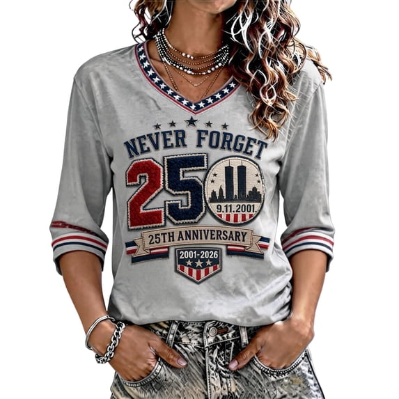 Never Forget 9/11 V Neck Tops for Women Retro Memorial T-Shirts 2001-2026 25TH Anniversary Patriot Day Honor Faith Hope Shirt, 2XL