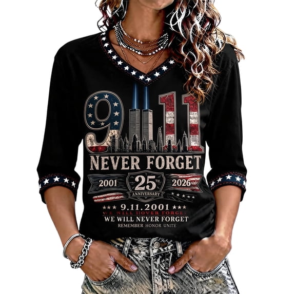 Never Forget 9/11 V Neck Tops for Women Retro Memorial T-Shirts 2001-2026 25TH Anniversary Patriot Day Honor Faith Hope Shirt, S