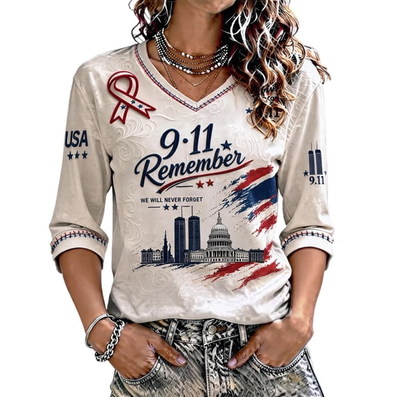 Never Forget 9/11 V Neck Tops for Women Retro Memorial T-Shirts 2001-2026 25TH Anniversary Patriot Day Honor Faith Hope Shirt, S