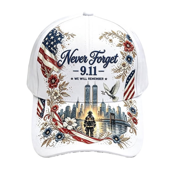 Never Forget 9/11 We Will Remember Baseball Cap for Men Women, Unisex 3D Printed Structured Duckbill Hat with Commemorative Print, Adjustable Curved Brim Casual Outdoor Cap White