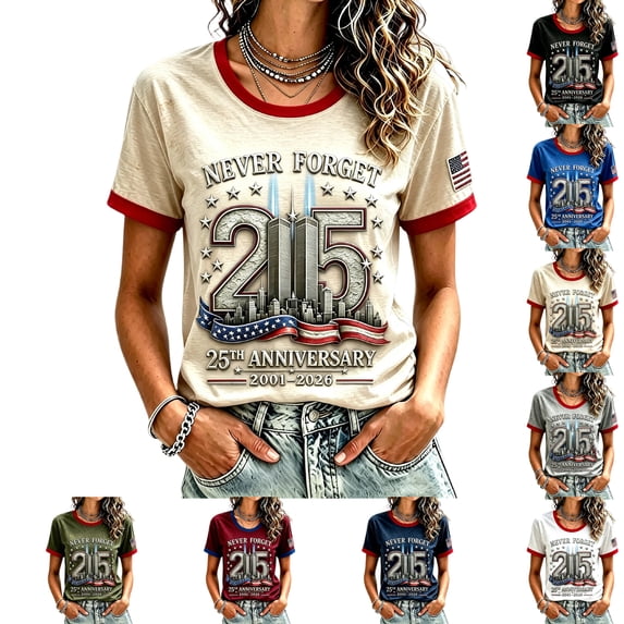 Never Forget 911 Tshirts Shirts for Women 9/11 25th Anniversary Shirt Patriotic Vintage Memorial Faith Tee Beige L