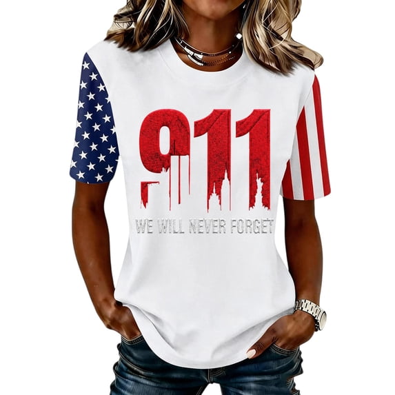 Never Forget 911 25th Anniversary Tshirt Women American Flag Print Crew Neck Short Sleeve Tops Courage Hope Patriotic 9/11 Memorial Shirt