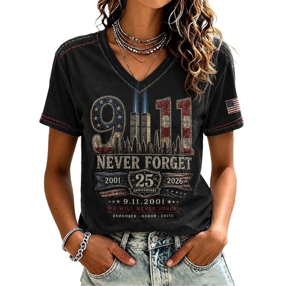 Never Forget 911 25th Anniversary Tshirt Women Patriotic Memorial Graphic Tee Vintage 911 Memorial 25th Anniversary Tops