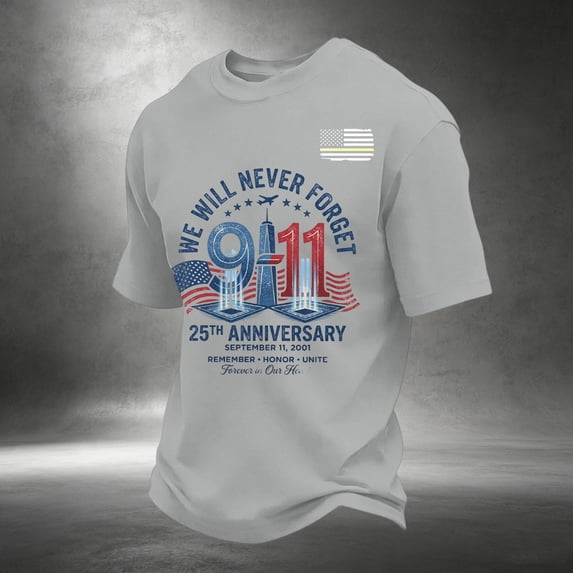 Never Forget 911 Patriotic Tee for Men with 25th Anniversary Print and Cotton Fabric Featuring 9/11 Memorial Shirts for Remembrance Ceremonies Church Services Community Events Gray L