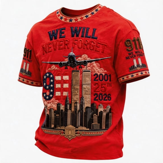 Never Forget 911 Patriotic Tee for Men with 25th Anniversary Print and Cotton Fabric Featuring 9/11 Memorial Shirts for Remembrance Ceremonies Church Services Community Events Red XXL
