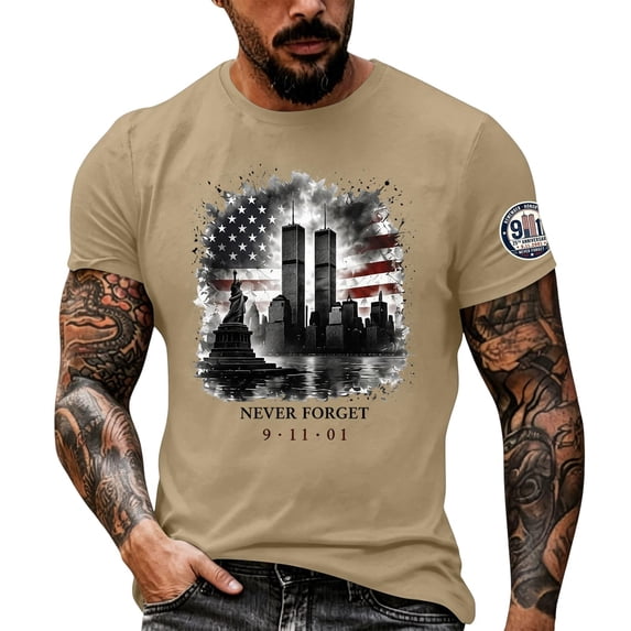 Never Forget 911 Retro USA Tee for Men and Women with Patriot Day Print and Vintage Green Fabric Featuring 9/11 Memorial Tops for Remembrance Events Church Services Yellow L