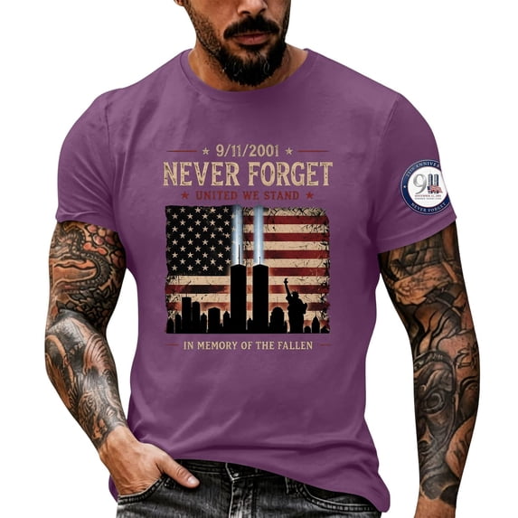 Never Forget 911 Retro USA Tee for Men and Women with Patriot Day Print and Vintage Green Fabric Featuring 9/11 Memorial Tops for Remembrance Events Church Purple XL