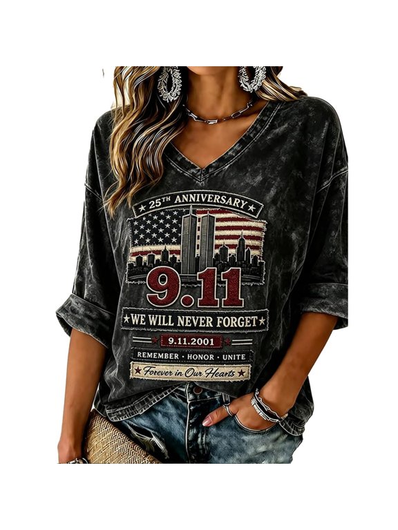 Never Forget 911 T-Shirt, 9/11 25th Anniversary Shirt | September 11 Shirts For Women, 911 memorial V-Neck 3/4 Sleeve