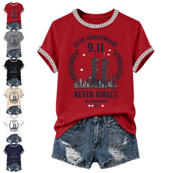 Never Forget 911 T Shirts for Women 9/11 25th Anniversary Shirt Patriotic Vintage Memorial Graphic T-Shirt Red L