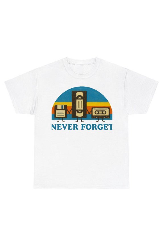 Never Forget Retro Tech Funny T-Shirt | VHS Floppy Disk Cassette Tape Graphic Tee | 90s Nostalgia Gift for Geeks