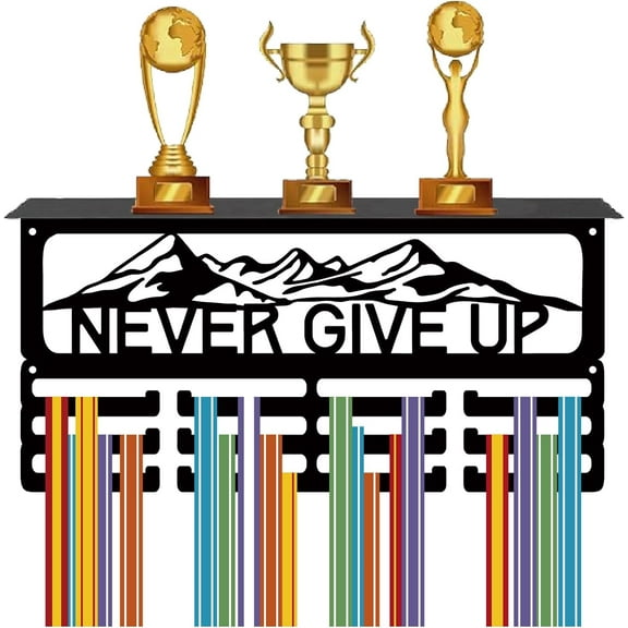 Never Give Up Medal Hanger Award Trophy Shelf with 12 Hooks Metal Medal Holder Display for Wall Mount Hanging 60+ Medals Rack with Shelf for Sports Baseball Running Race 15.7x8x4Inch