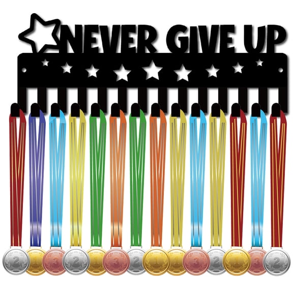 Never Give up Medal Hanger Sports Medal Holder Display Small Lanyard Ribbons Organizer Metal Black Award Wall Rack Frame Mount Decor for Hanging 40+ Awards Gymnastics Running 11.4x4.2 Inch DIY