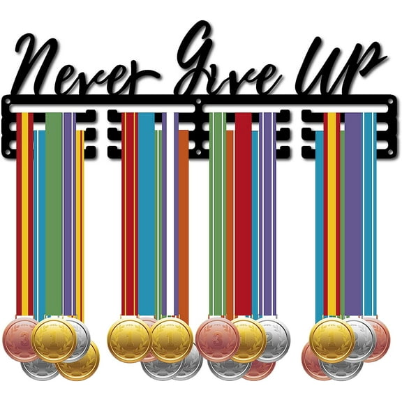 Never Give Up Medal Holder Black Athlete Metal Medals Hanger Display Stand Awards Display Frame Rack Wall Mount Hanger for 3 Rung Medalist Runners Soccer Swimming Gymnastics Over 60 Medals