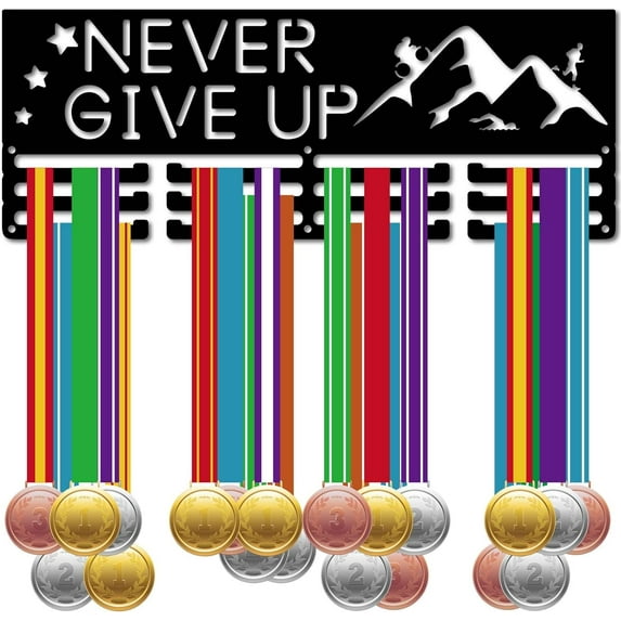 Never Give Up Medal Holder Display Medal Hanger Rack Wall Mount Frame Decor Sports Medal Hangers Organizer for Hanging Over 60 Medals Soccer Running Swimming Marathon Awards 15.7 x 5.9Inch