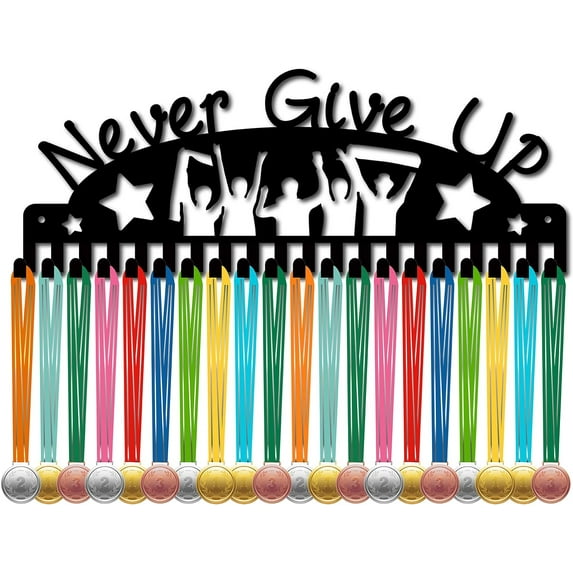 Never Give Up Medal Holder Medal Hanger Display Rack Sports Metal Hanging Awards Iron Mount Decor with 20 Hooks for Wall Home Badge Soccer Gymnastics Swimming Black 15.7 x 5.9Inch