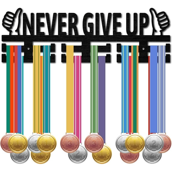 Never Give Up Medal Holder Sport Medal Hanger Medal Rack Display Wall Rack Mounted Over 30 Medals Wooden for DIY Swimming Bicycle Running Athletes Champions Medalist Black 15.7x5.1Inch