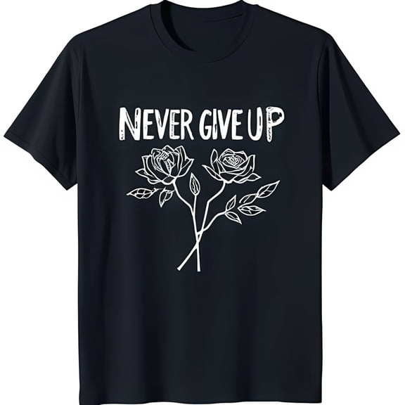 Never Give Up Black T-Shirt with Bold White Lettering & Elegant White Rose Design
