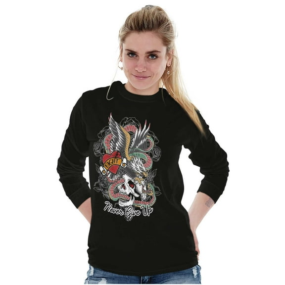 Never Give Up Fight Skull Tattoo Long Sleeve TShirt Men Women Brisco Brands X