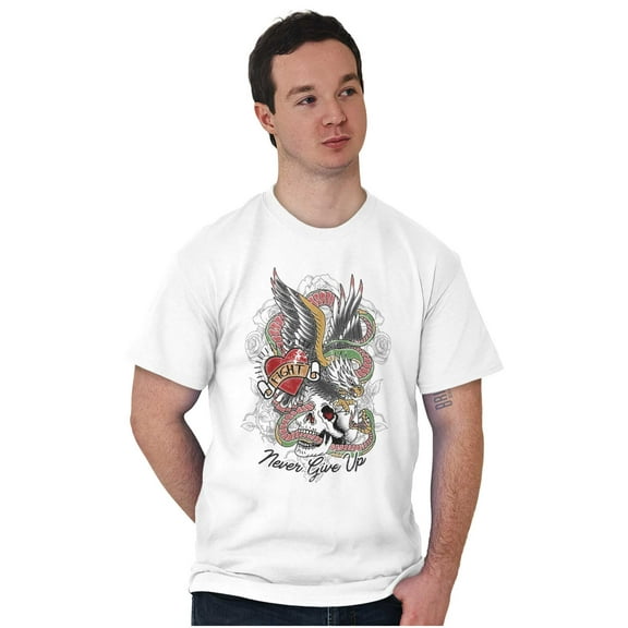 Never Give Up Fight Skull Tattoo Plus Size Crewneck Graphic Tee Shirt Brisco Brands 2X