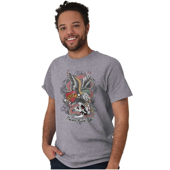 Never Give Up Fight Skull Tattoo Men's Graphic T Shirt Tees Brisco Brands M