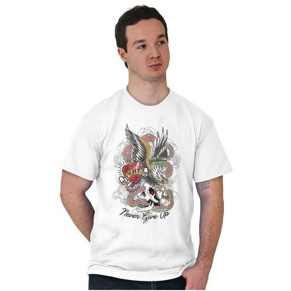 Never Give Up Fight Skull Tattoo Men's Graphic T Shirt Tees Brisco Brands S