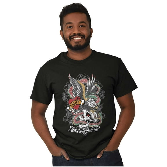 Never Give Up Fight Skull Tattoo Plus Size Crewneck Graphic Tee Shirt Brisco Brands 3X