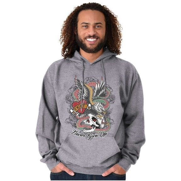 Never Give Up Fight Skull Tattoo Unisex Plus Fleece Graphic Hoodie Brisco Brands 4X
