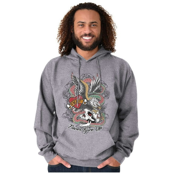 Never Give Up Fight Skull Tattoo Unisex Plus Fleece Graphic Hoodie Brisco Brands 3X