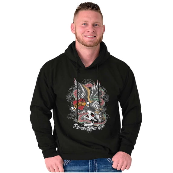Never Give Up Fight Skull Tattoo Unisex Plus Fleece Graphic Hoodie Brisco Brands 4X