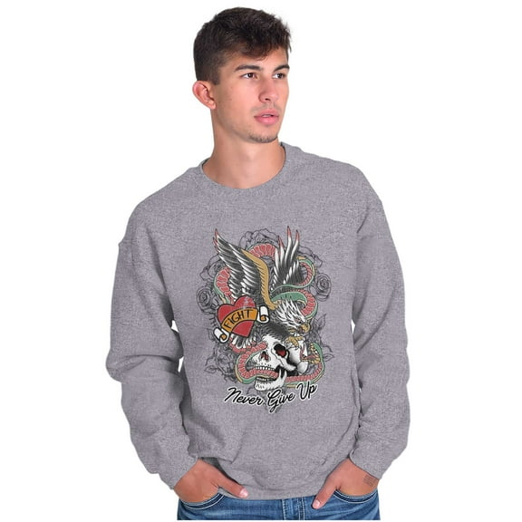 Never Give Up Fight Skull Tattoo Unisex Plus Fleece Graphic Sweatshirt Brisco Brands 4X