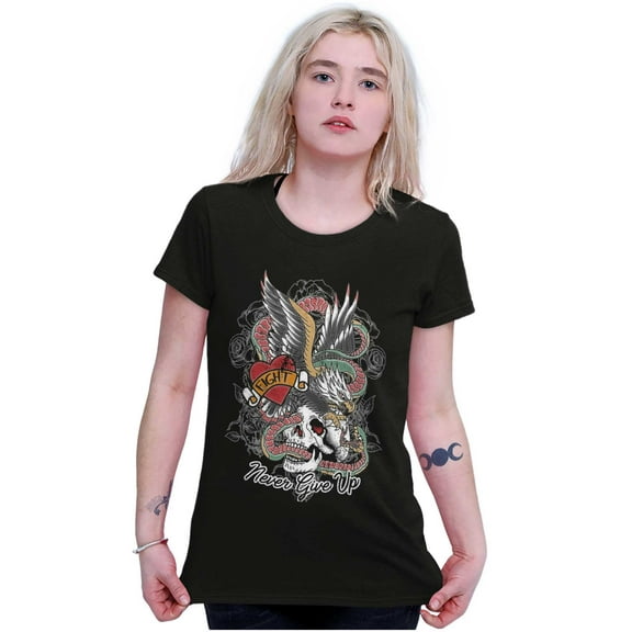 Never Give Up Fight Skull Tattoo Womens Fitted Plus Size Graphic Tee Brisco Brands 2X