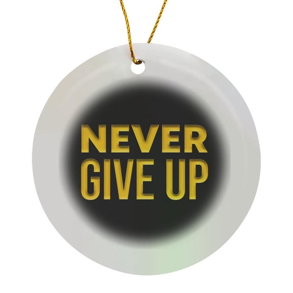 3drose, Never Give up Inspirational Text of Yellow Color on Black Gift, Circle Porcelain Ornament