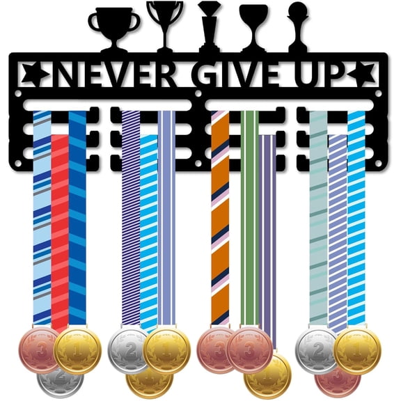 Never Give Up Medal Holder Award Hanging Rack Sports Race Medal Hanger Display with 3 Lines 12 Clasps Wall Mount Decor