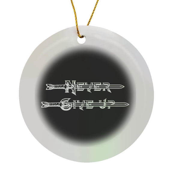 3drose, Never Give up Text. Medieval Sword, Beaded Letters on Black, Circle Porcelain Ornament