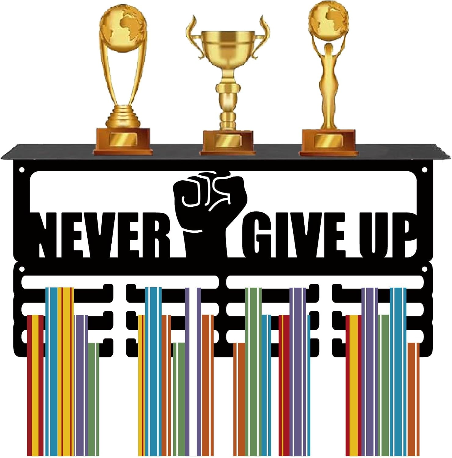 Never Give Up Trophy Display Shelf Sports Medal Awards Rack 3 Lines Medal Wall Hanger Hooks Wall Mount Ribbon Badge Exhibition Holder