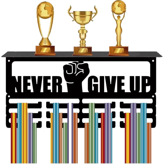 Never Give Up Trophy Display Shelf Sports Medal Awards Rack 3 Lines Medal Wall Hanger Hooks Wall Mount Ribbon Badge Exhibition Holder