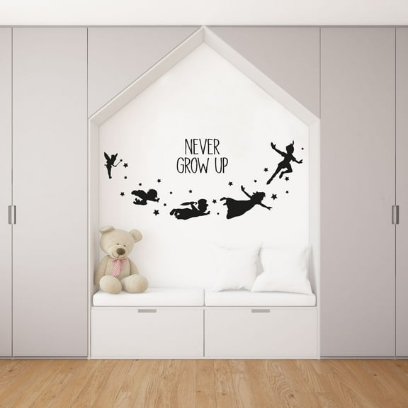 Never Grow Up Peter Pan Kids Movie Quote Peter Pan Tinkerbell And Friends Silhouette Quote Vinyl Wall Art Wall Decal Wall Sticker Home Decoration Design Kids Girls Room Wall Décor Size (8x10 inch)