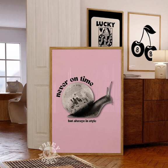 Never On Time Disco Snail Funky Pink Wall Art, Unframed Paper Print Size 8x12