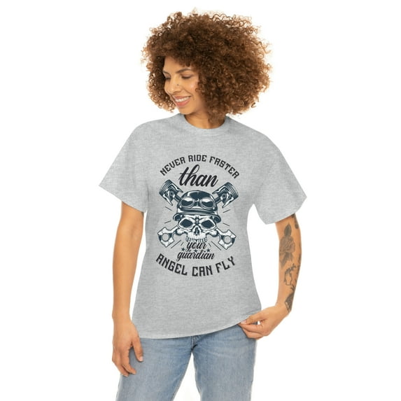 Never Ride Faster than your Angel Motorcycle Unisex Heavy Cotton Tee