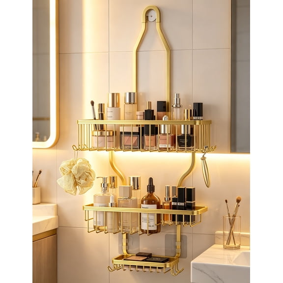 Never-Rust Aluminum Hanging Shower Caddy Over-the-Showerhead Organizer with 10 Hooks for Razor and Sponge Includes Soap Basket Gold