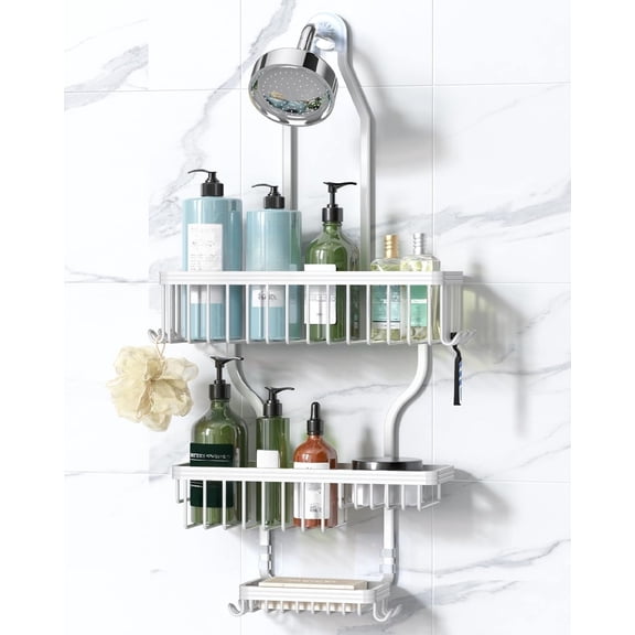 Never-Rust Aluminum Hanging Shower Caddy – Over-the-Showerhead Organizer with 10 Hooks for Razor and Sponge – Includes Soap Basket – Silver