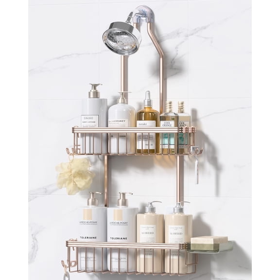 Never Rust Shower Caddy Hanging, Aluminum Shower Racks for Inside Shower, 2-Tier Shower Organizer Hanging Over Shower Head with Hooks and Soap Holder, Rose Gold